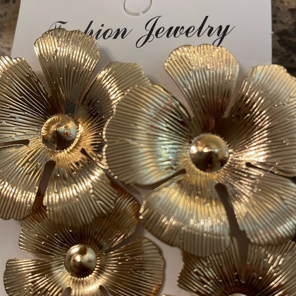 Gold Double Flower Drop Earrings - Picture 8 of 9